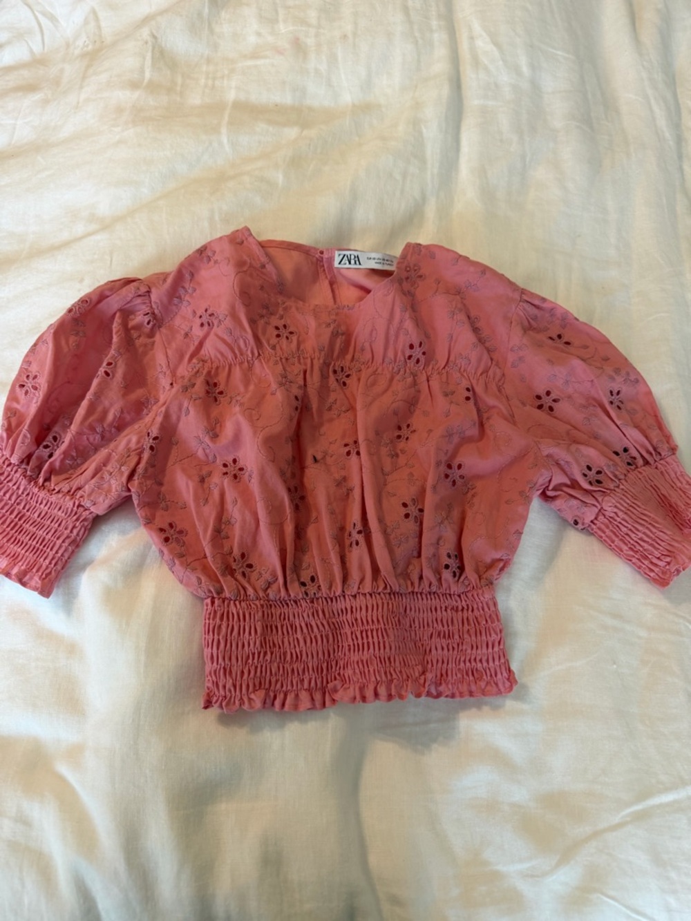 Zara Rose Pink Eyelet Puff-Sleeve Smocked Crop Top